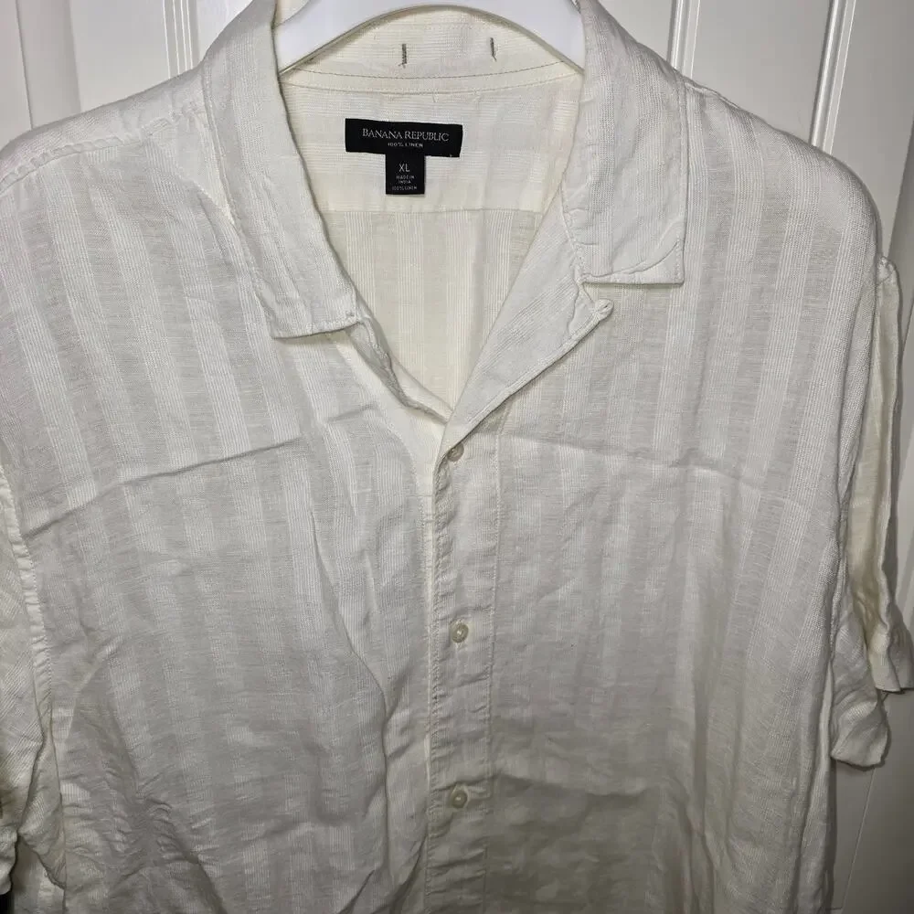 Banana Republic 100% Linen Cream White Vertical Stripe Short Sleeve Shirt XL EUC